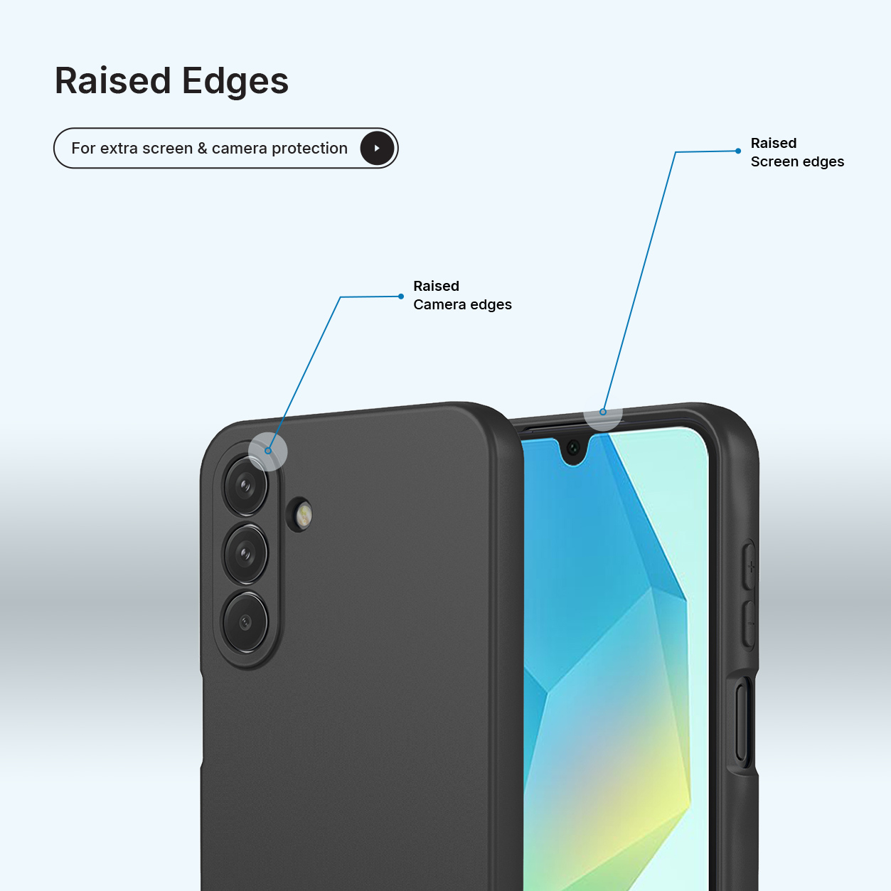 Smartphone in beschermhoes met verhoogde randen voor camera en scherm.