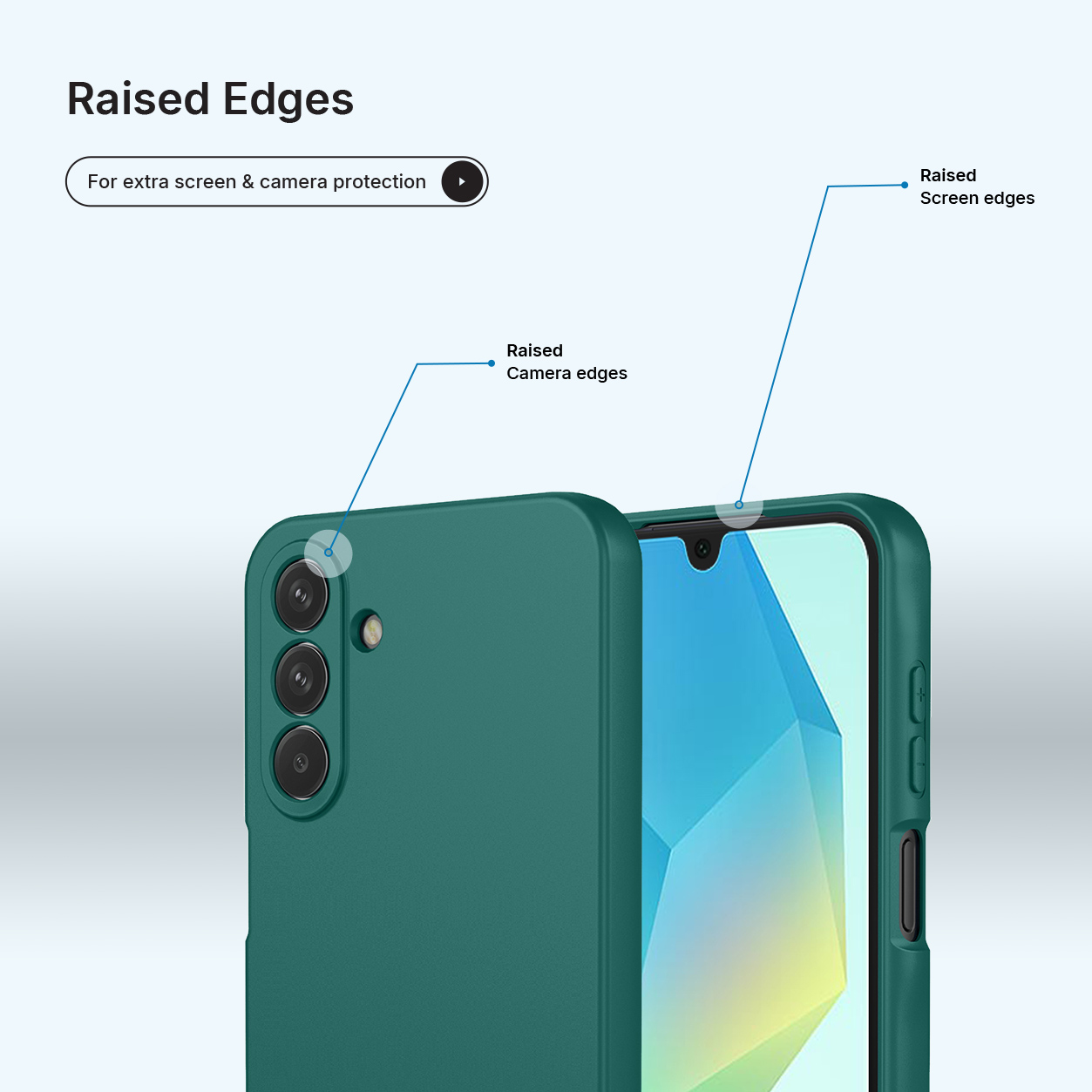 Groene telefoonhoes met opstaande randen ter bescherming van camera en scherm.