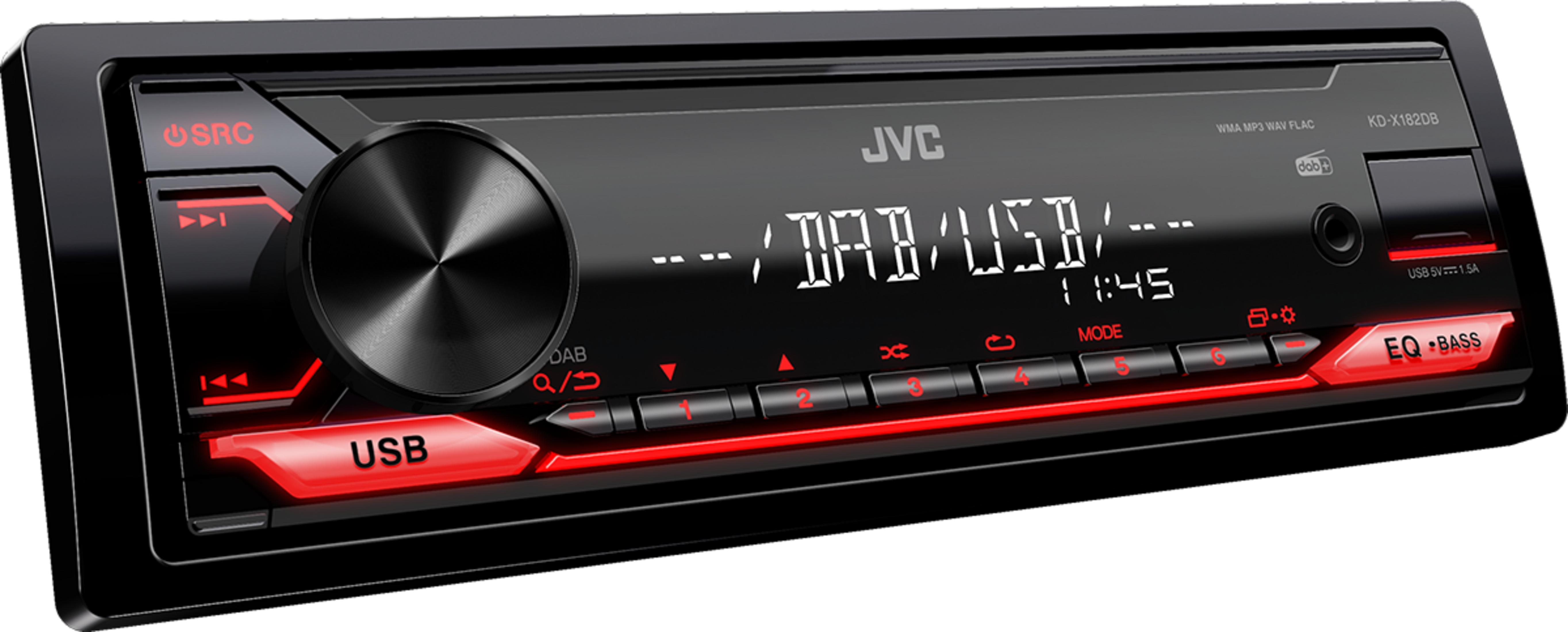 Un'autoradio JVC con corpo nero, retroilluminazione rossa, grande manopola del volume e display digitale.