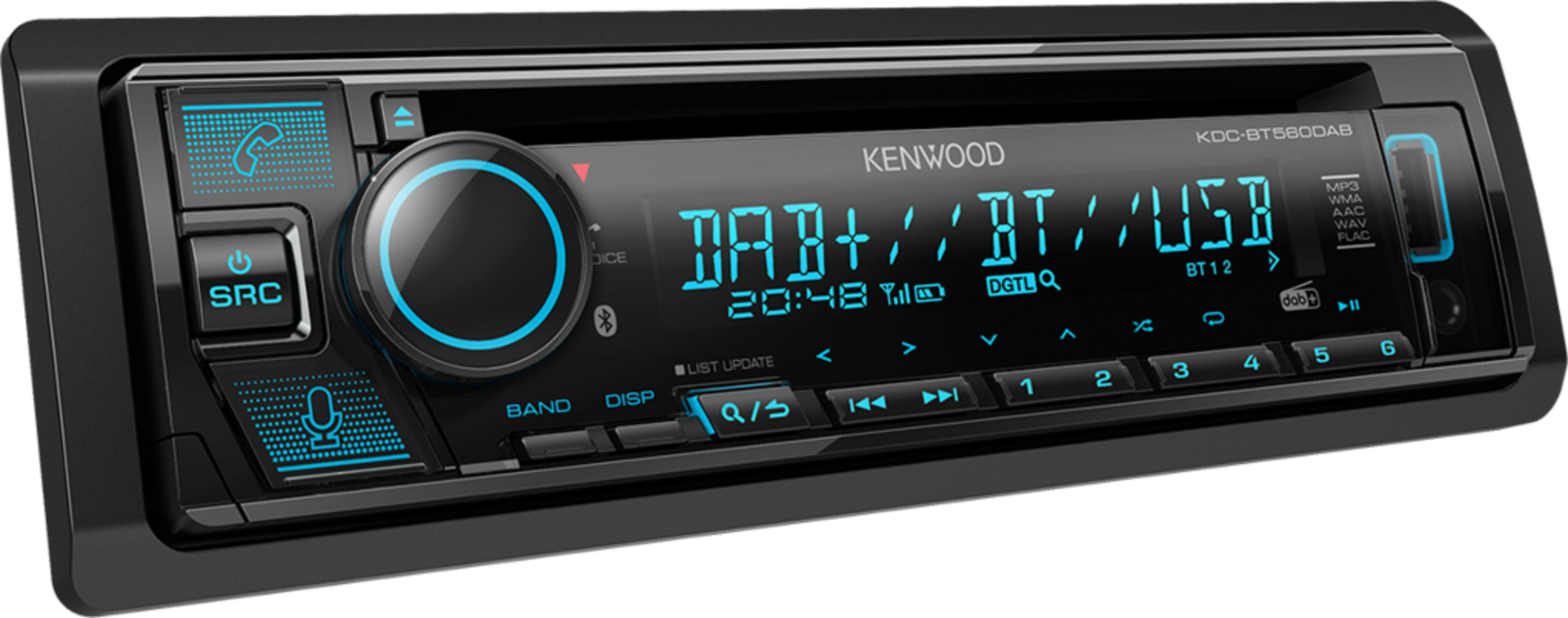 Kenwood Autoradio mit blauem Display, Lautstärkeregler und Tasten auf schwarzem Gehäuse.