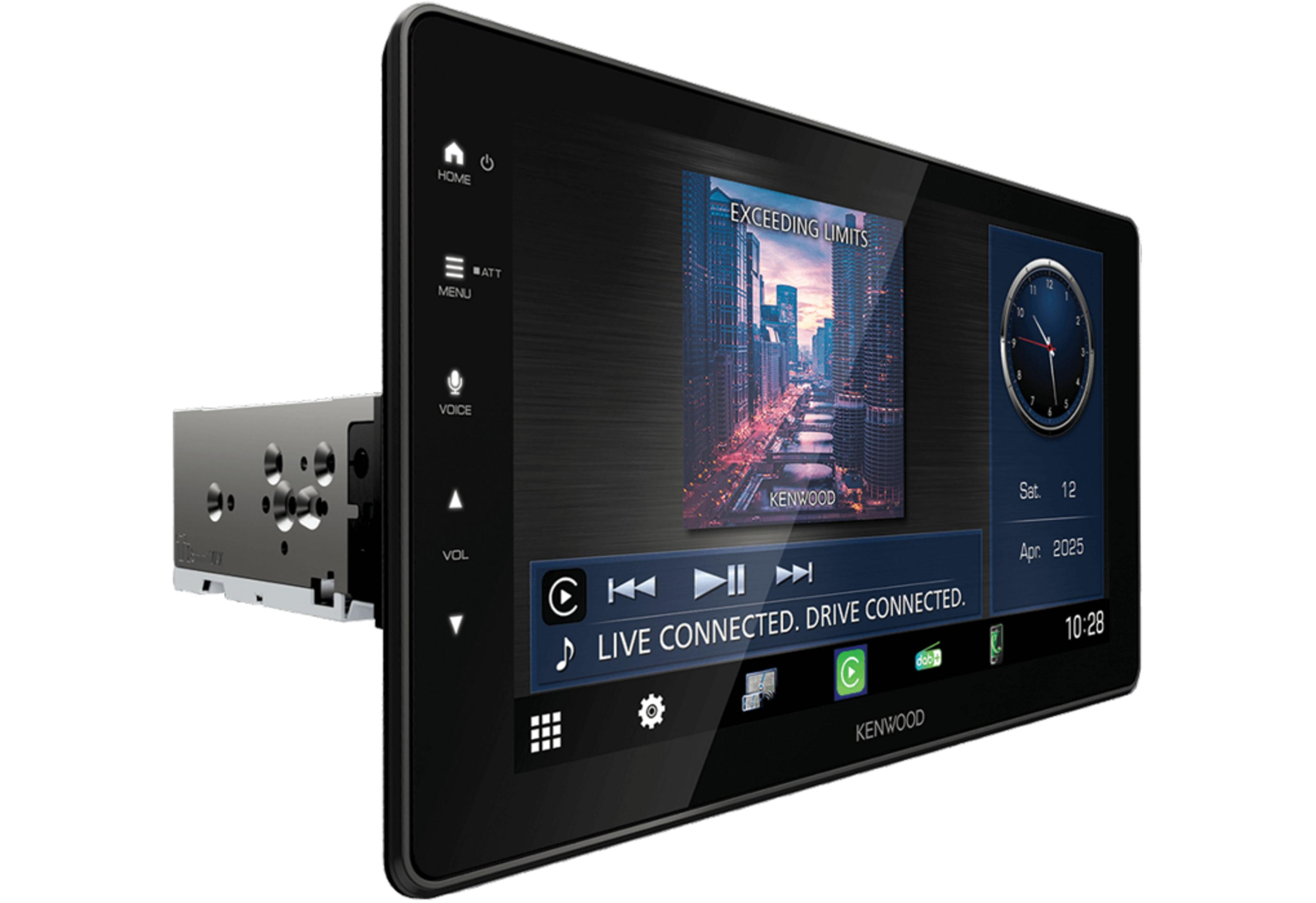 Kenwood Autoradio mit großem Touchscreen und angezeigtem Stadtbild sowie Menü-Icons.