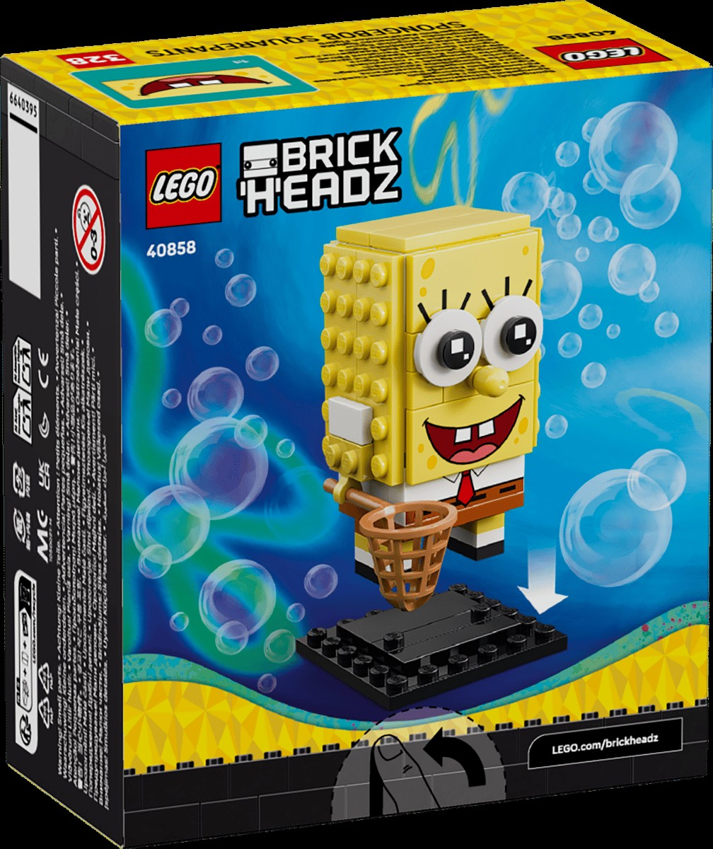Balonlu mavi arka plan önünde SüngerBob KareŞort ve küçük bir ağ içeren Lego BrickHeadz seti.