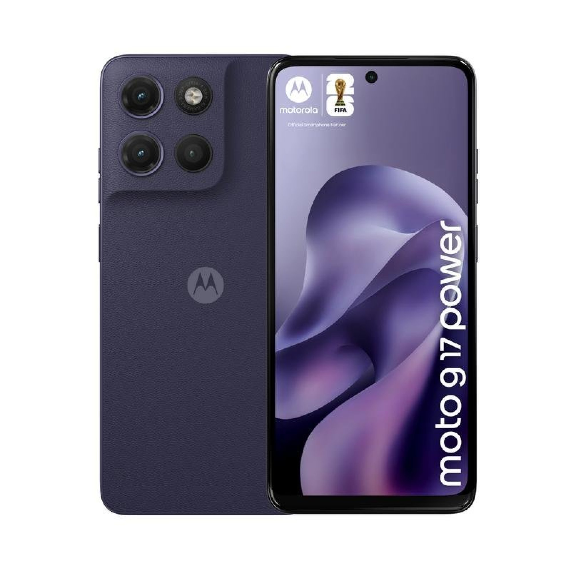 Front and back of the dark purple Moto G17 Power smartphone, featuring a triple camera and vibrant display.