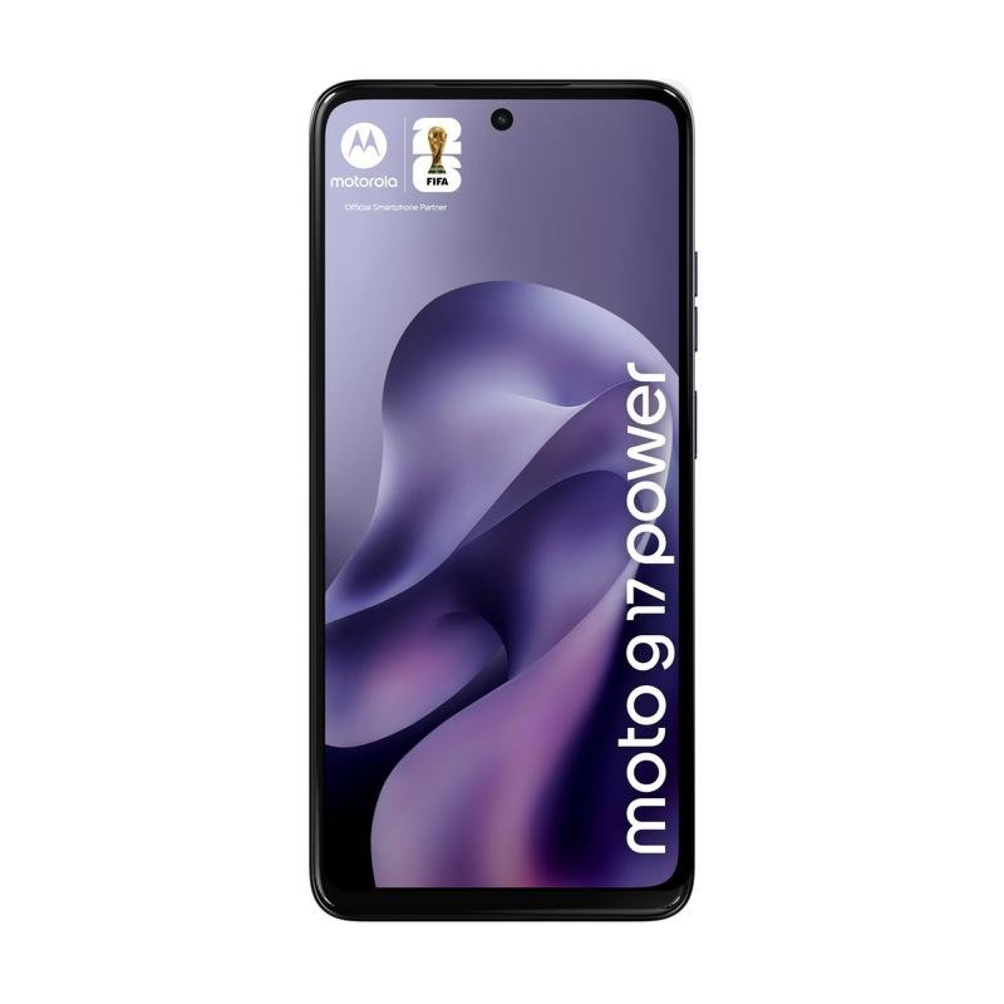 Front view of the Motorola G17 Power smartphone featuring an abstract purple wave graphic on the screen.