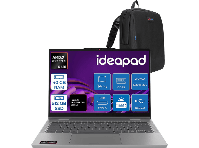 LENOVO IdeaPad 5 2'si 1 Arada Radeon840M 43014AGP11F17 AMD Ryzen AI 5 430 40 GB RAM 512 GB SSD 14 inç FreeDOS Laptop+Çanta Luna Gri