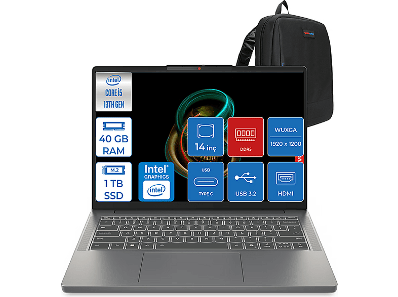 LENOVO IdeaPad Slim 3 DDR5 UHDGraphics 3S15IRH10F11 Intel Core i5-13420H 40 GB RAM 1 TB SSD 14 inç FreeDOS Laptop+Çanta Arctic Grey