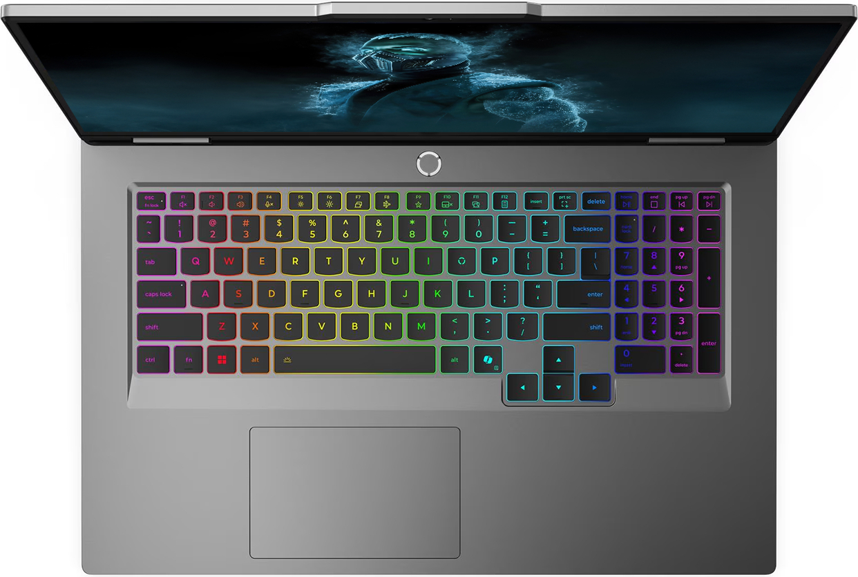 Yukarıdan görülen gri dizüstü bilgisayar, aydınlatmalı RGB klavye ve mavi grafik ekranı.