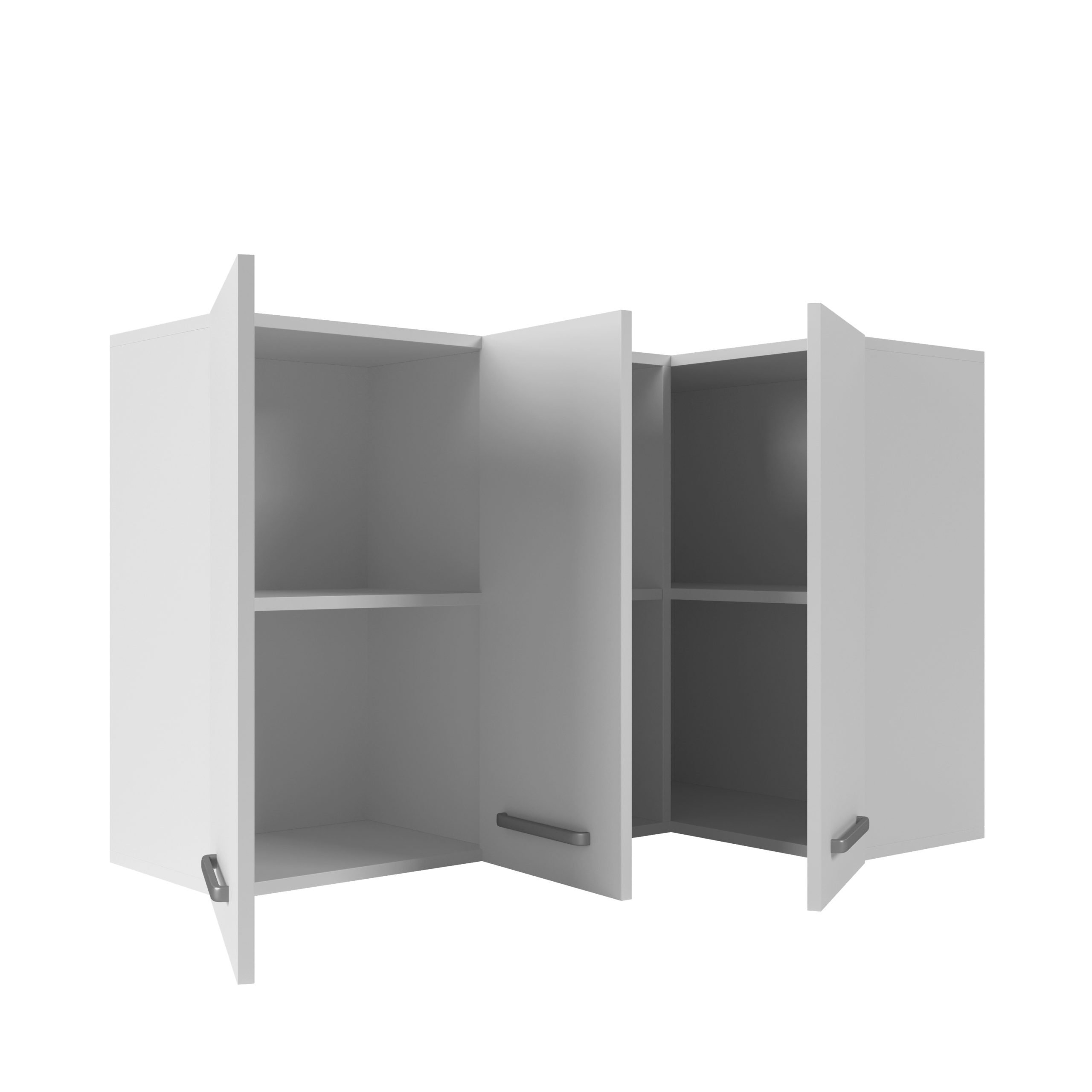 Ein weißer Wandschrank mit geöffneten Türen und Regalböden auf weißem Hintergrund.