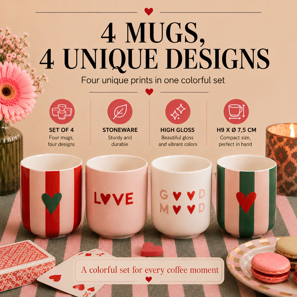 A set of four colorful mugs displaying unique patterns, text, and symbols.