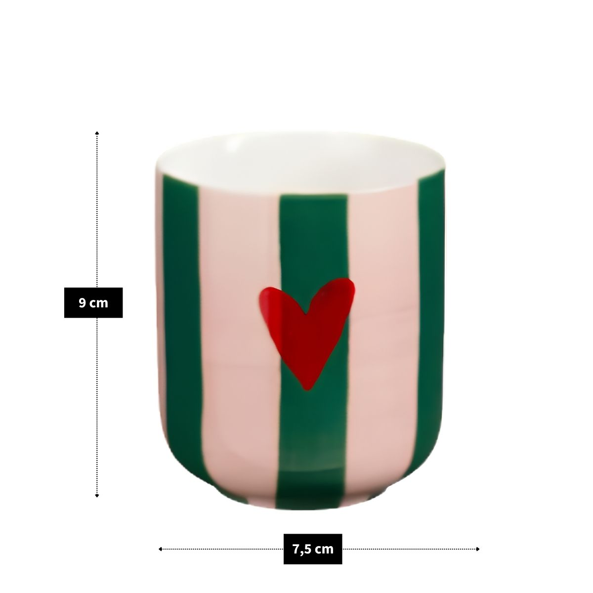 A porcelain cup with pink and green stripes and a red heart, measuring 9 cm tall and 7,5 cm wide.