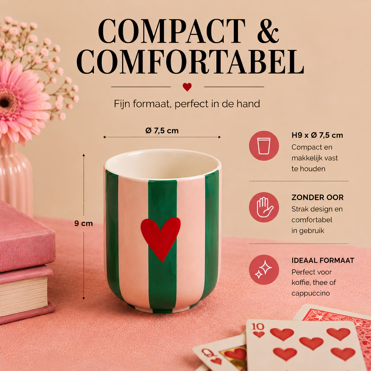Pink and green striped mug with red heart, dimensions, text, and decor on beige background.