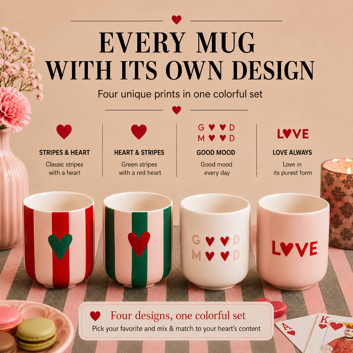 A set of four colorful mugs featuring unique heart, stripe, and letter patterns on a pink background.
