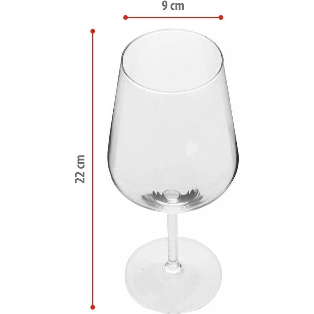 Een helder wijnglas op een witte achtergrond met rode maatlijnen voor een hoogte van 22 cm en een breedte van 9 cm.