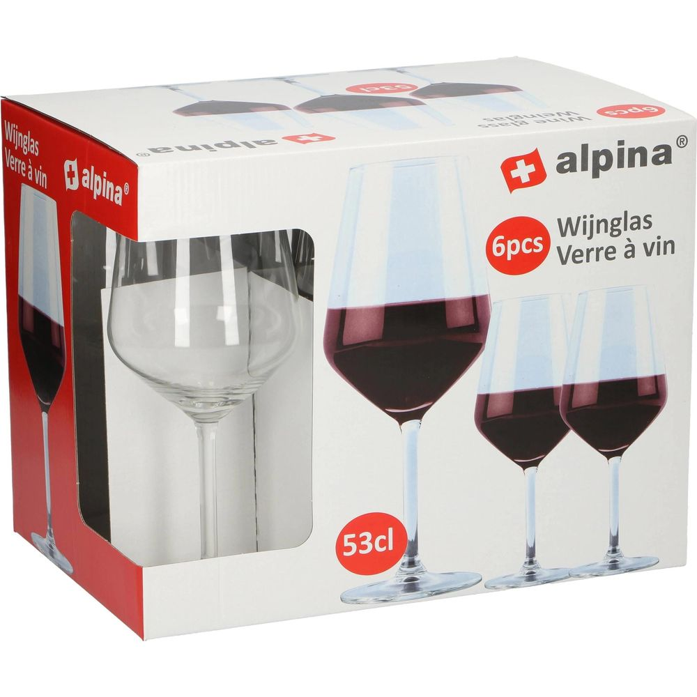 Verpakkingsdoos voor 6 Alpina wijnglazen met 53cl inhoud en opgedrukte rode wijn.