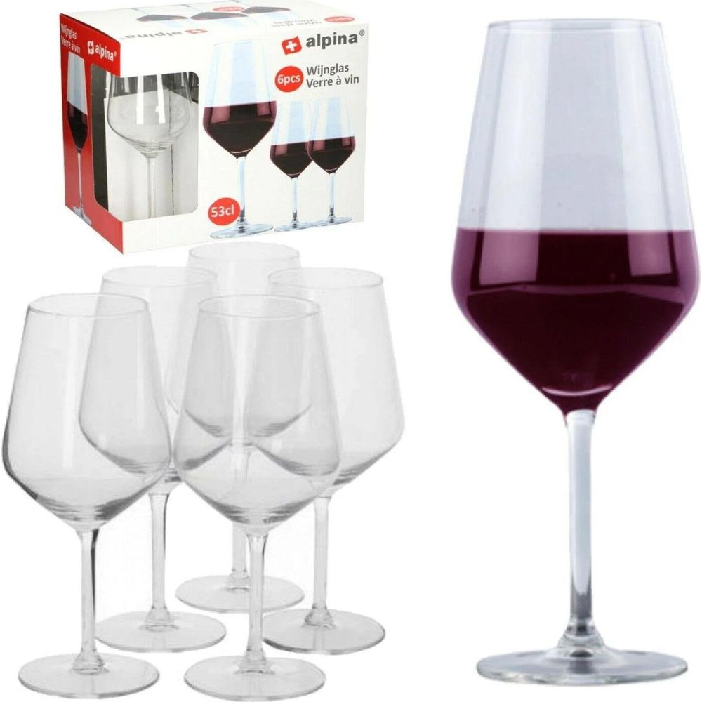Zes Alpina rode wijnglazen, 53cl, met verpakking en één gevuld glas.