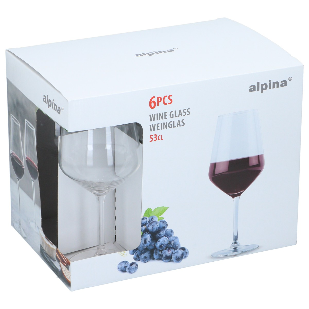 Witte Alpina doos met 6 wijnglazen, 53cl, met afbeeldingen van glazen en druiven.