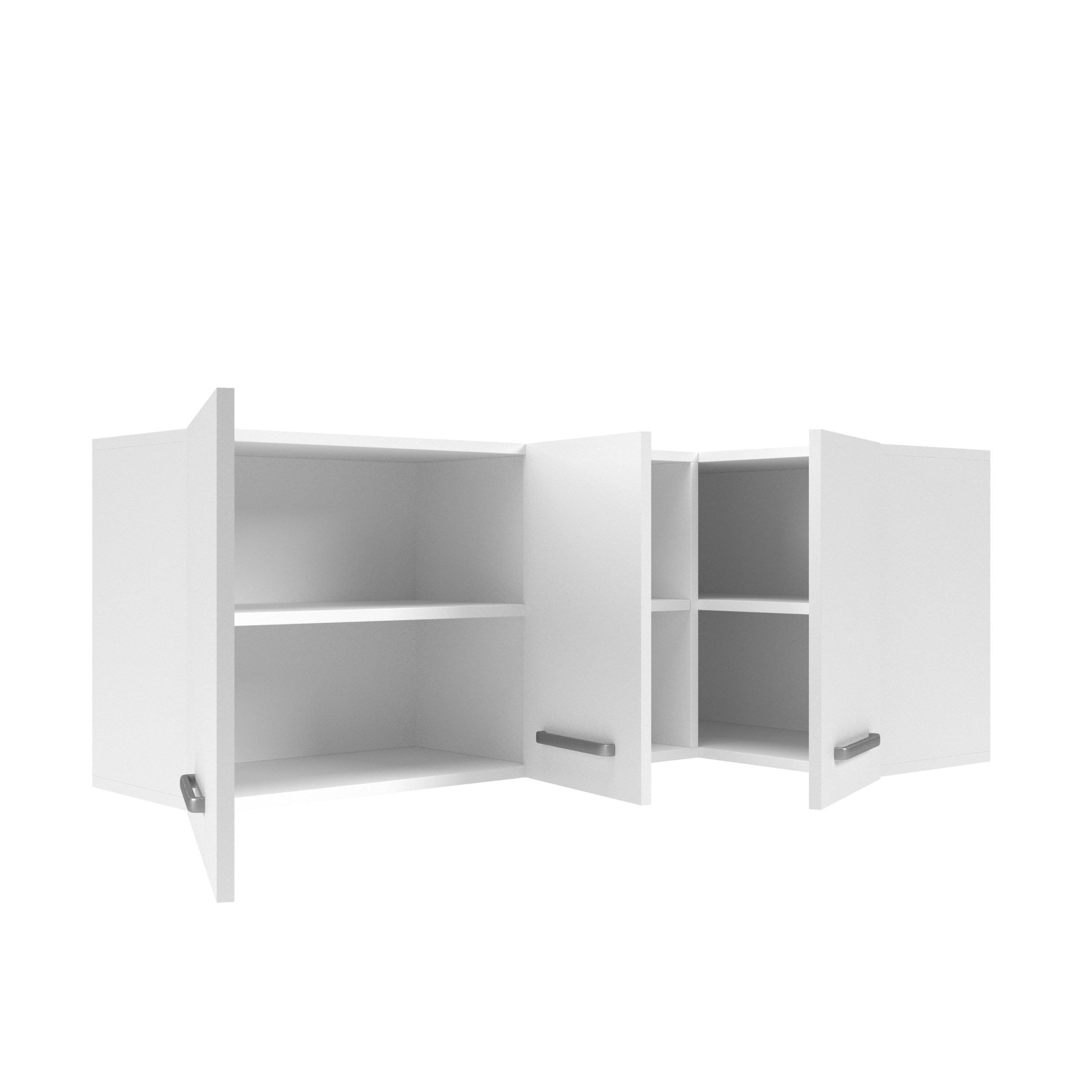 Ein weißer Wandschrank mit geöffneten Türen und integrierten Regalfächern.