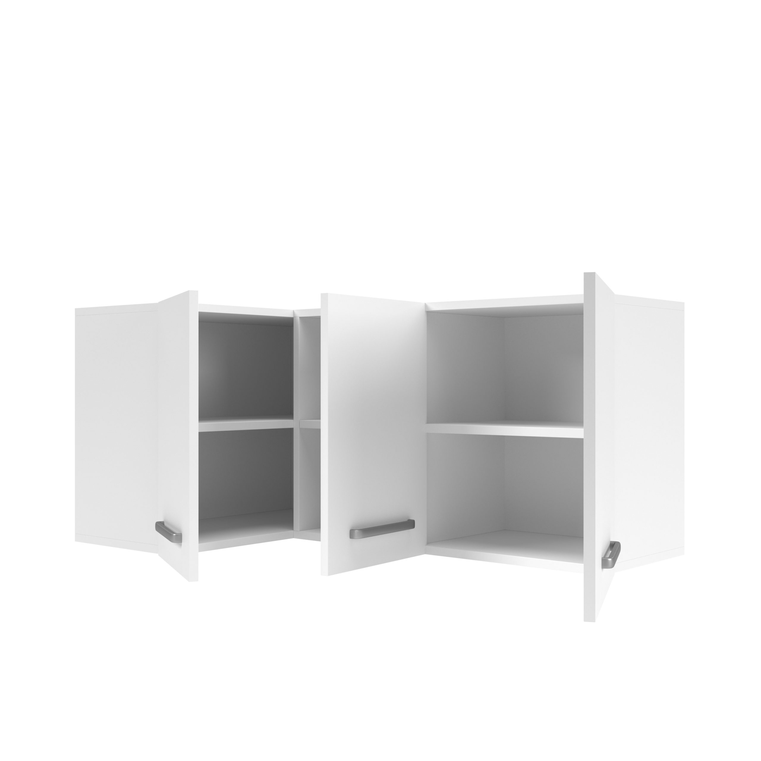 Ein weißer Wandschrank mit zwei offenen Türen und Regalen im Inneren.