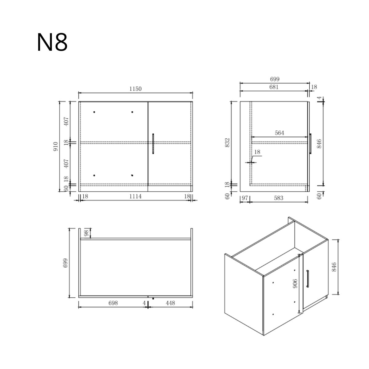 Technische Zeichnung von Möbel N8 mit Maßen aus verschiedenen Ansichten.