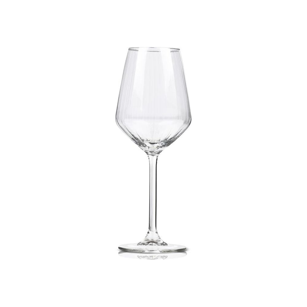 A clear, ribbed crystal wine glass stands upright on a thin stem against a plain white background.