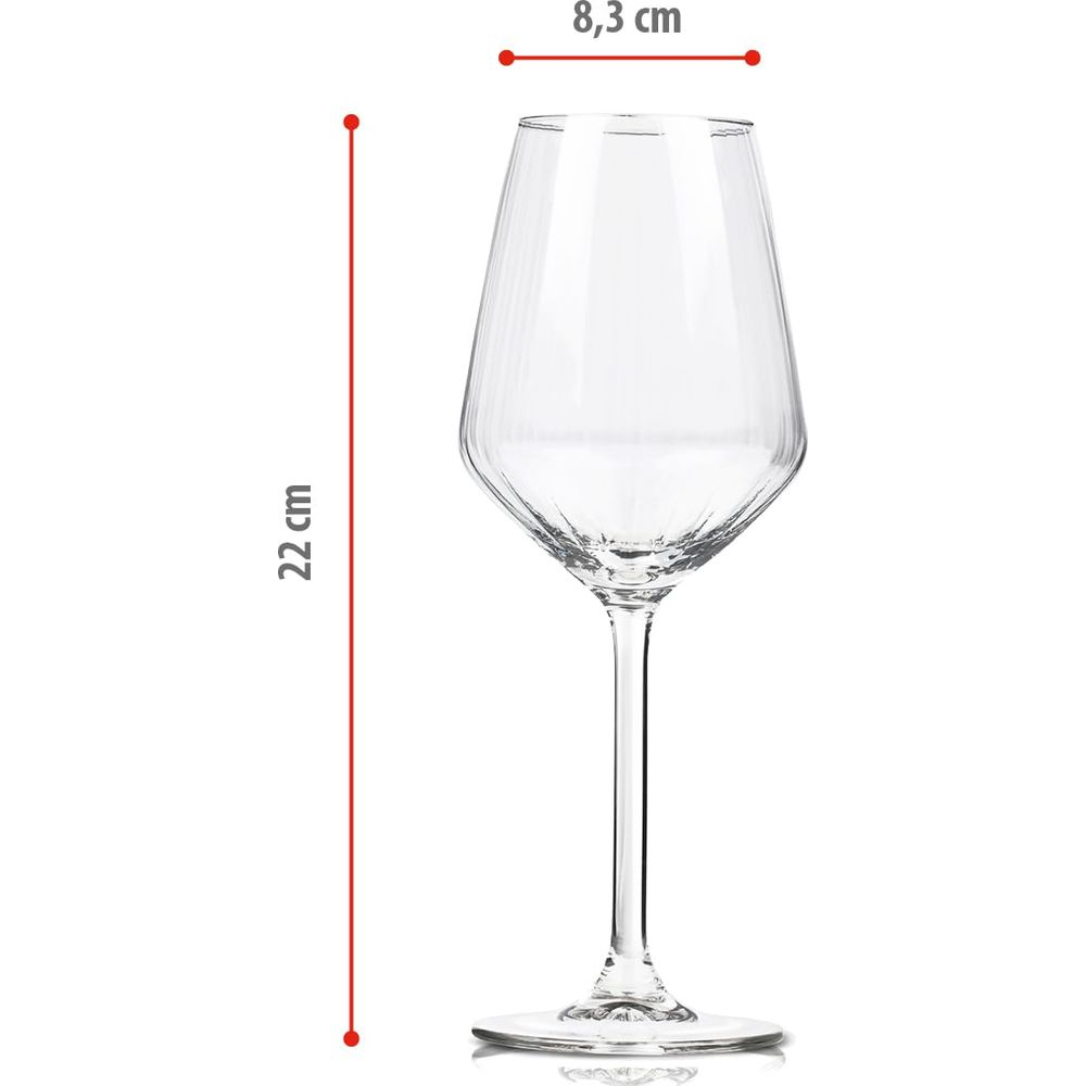 A ribbed wine glass showing dimensions of 22 cm in height and 8.3 cm in diameter.