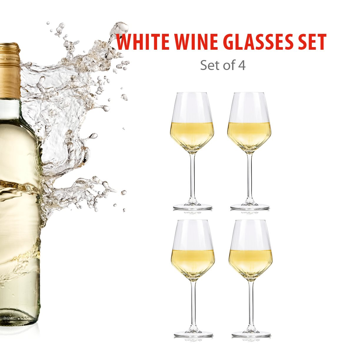 A set of four white wine glasses and a wine bottle with splashing water.