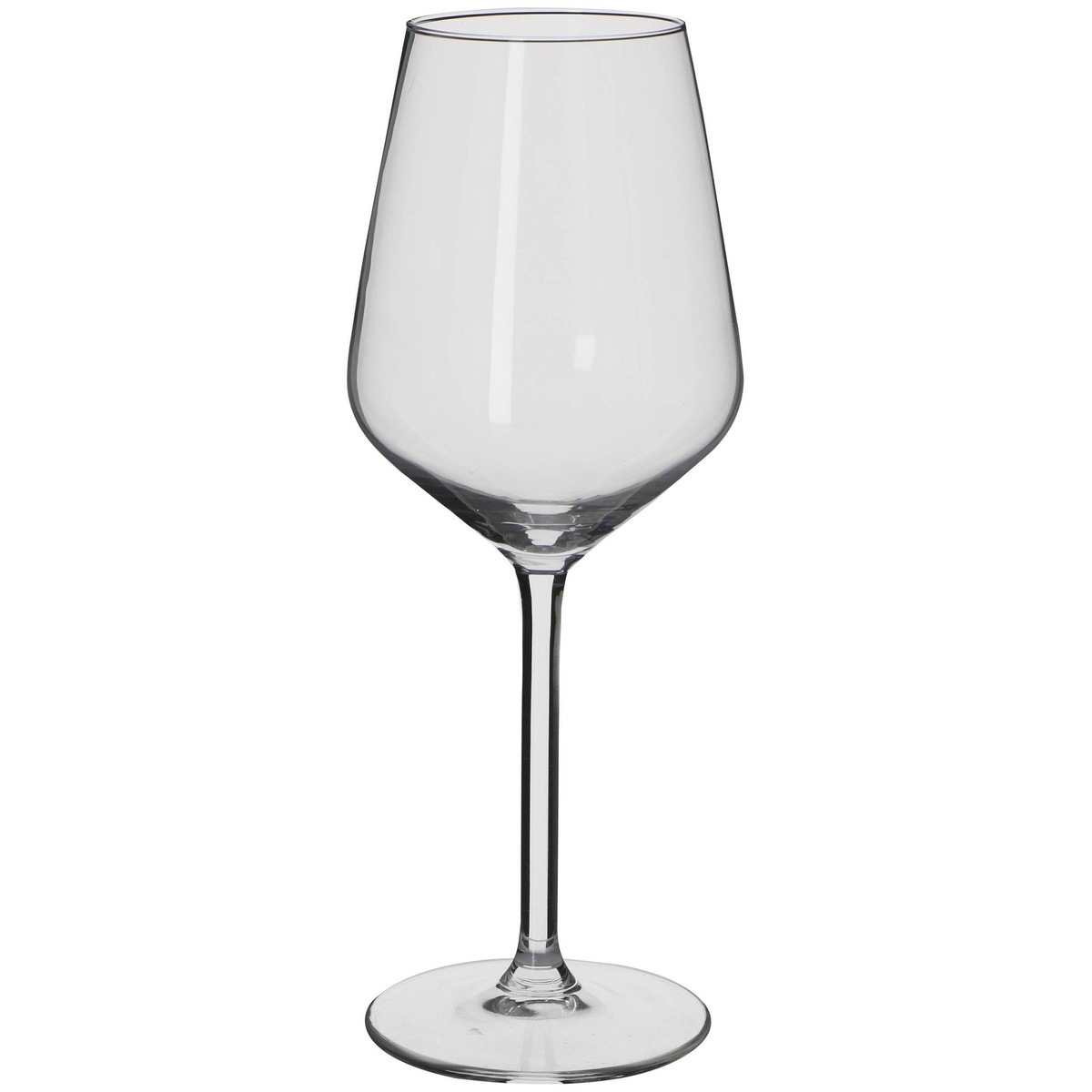 An elegant, empty clear glass wine glass with a long stem and flat base against a white background.