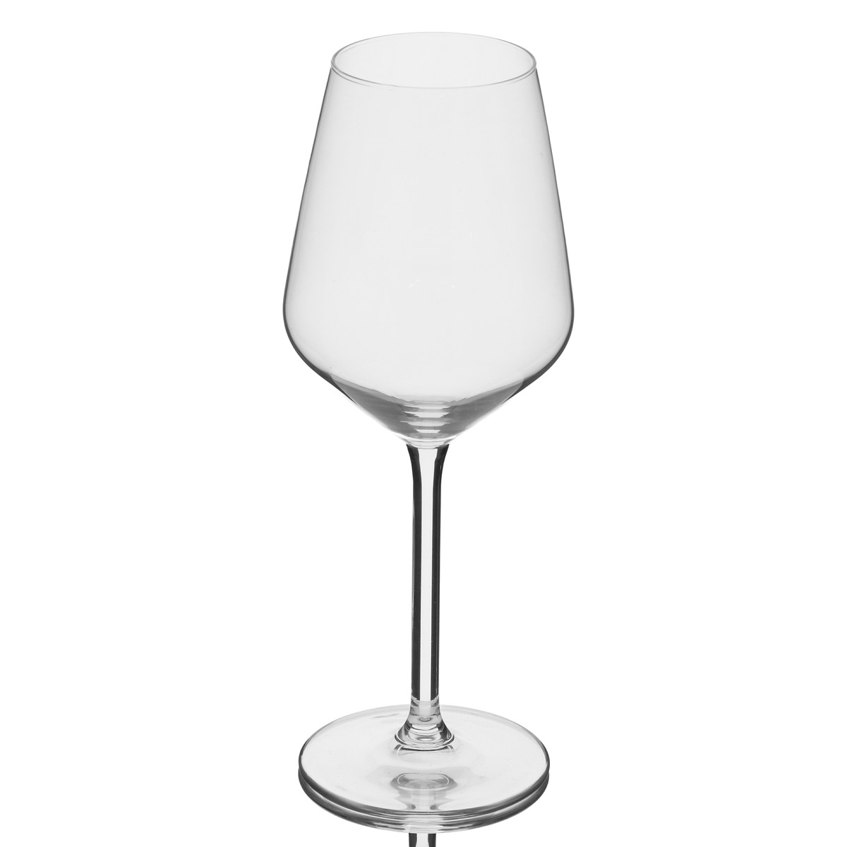 An empty, transparent wine glass with a long stem on a white background.