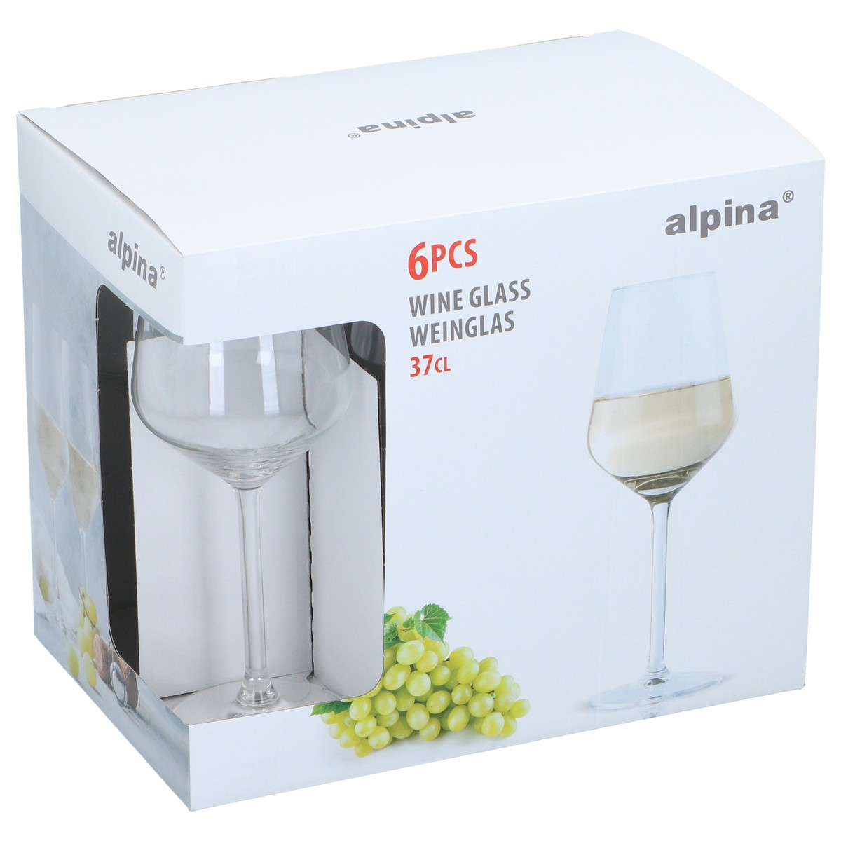An Alpina packaging box for 6 wine glasses with 37cl capacity and grape graphics.