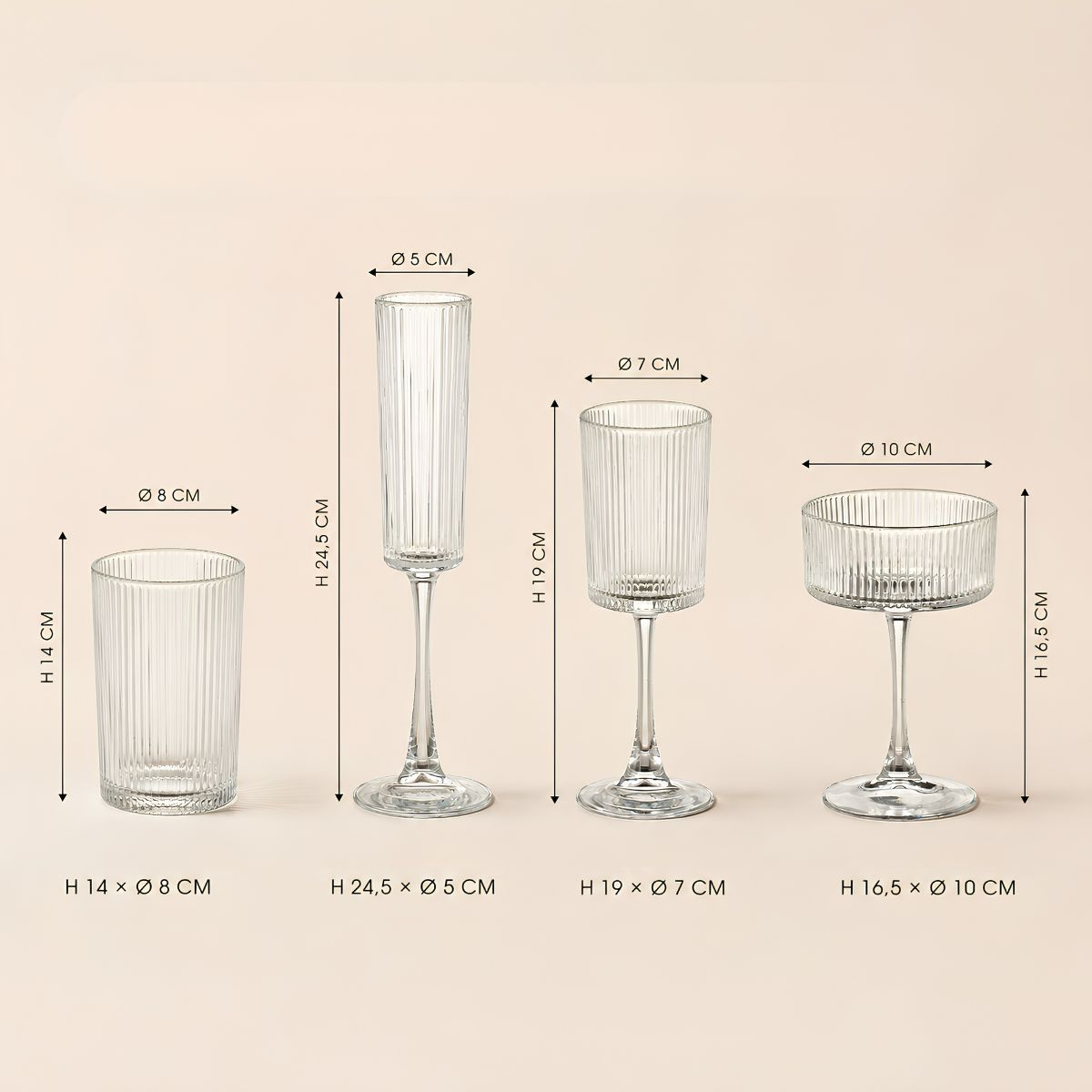 Four fluted glass items with dimensions displayed, arranged on a plain background.