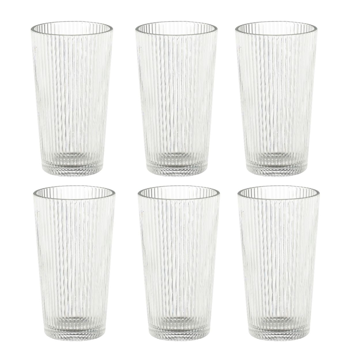 Six transparent, ribbed drinking glasses arranged in two rows on a white background.