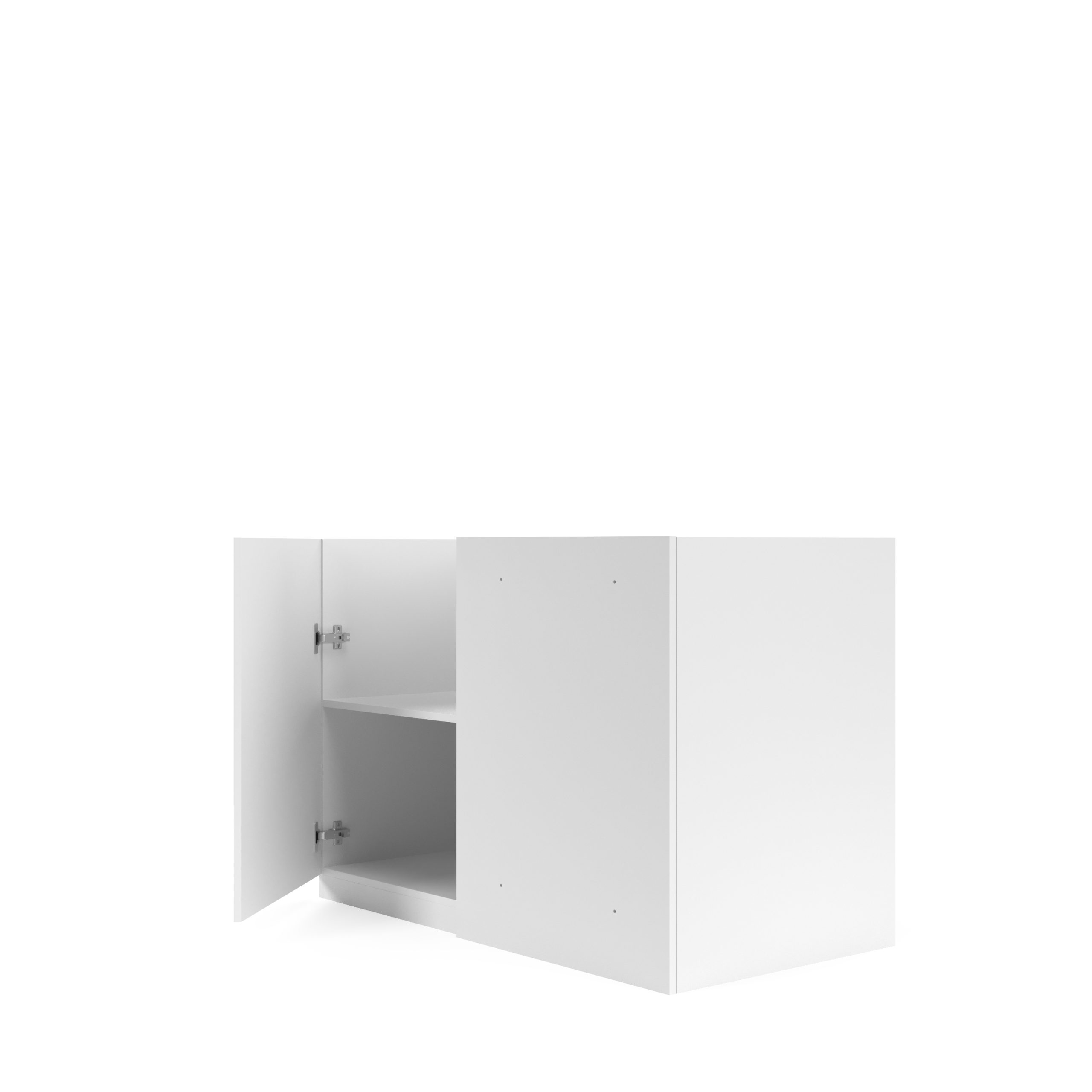 Ein weißer Schrank mit einer offenen Tür und einem Regal im Inneren vor schlichterem Hintergrund.