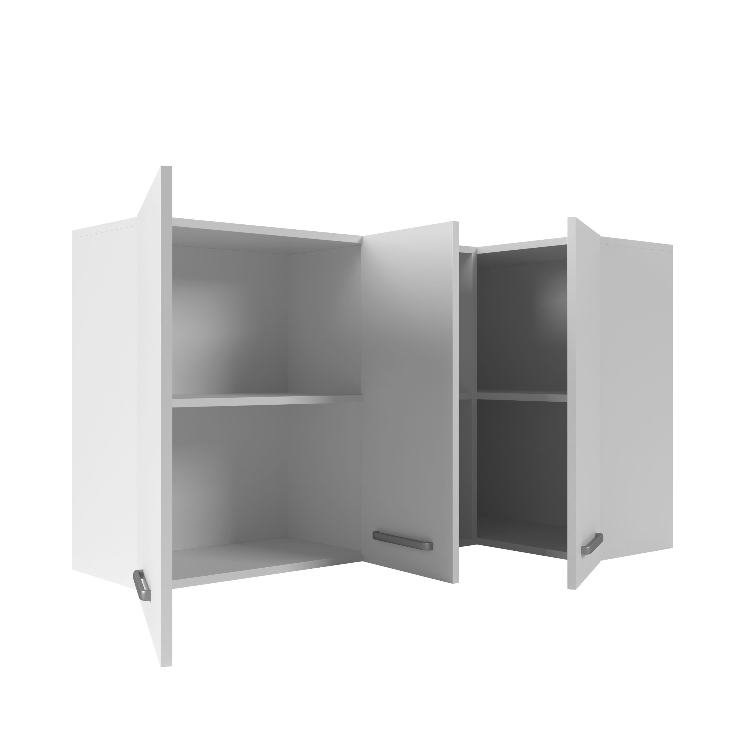Ein weißer Wandschrank mit geöffneten Türen und integrierten Regalböden auf einem hellen Hintergrund.