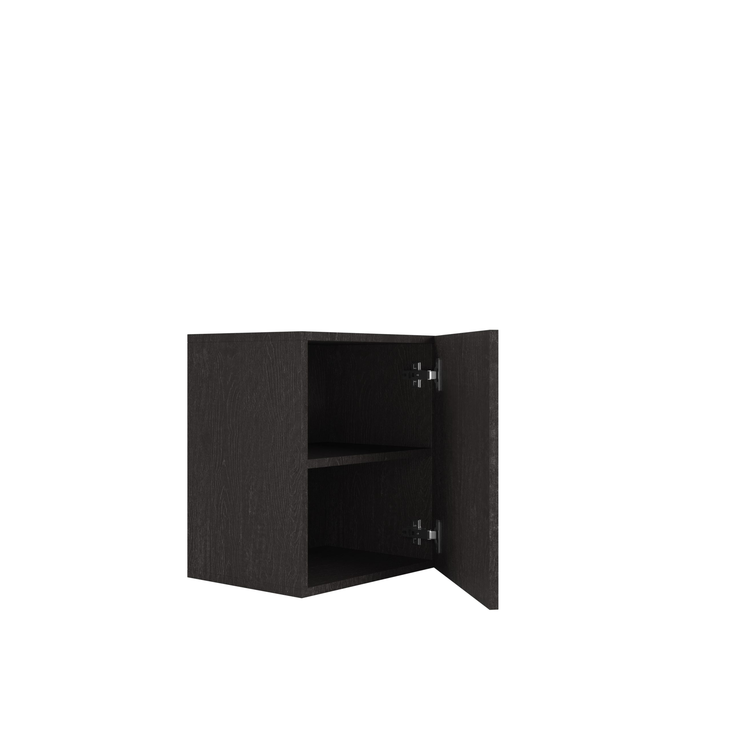 Ein kleiner schwarzer Wandschrank mit einer halboffenen Tür und einer Innenebene auf weißem Hintergrund.