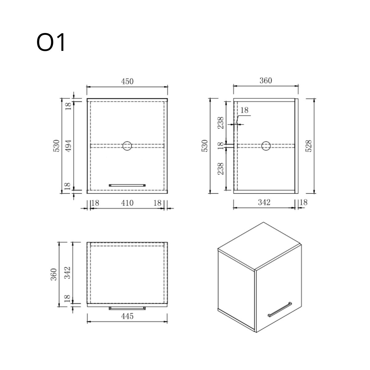 Technischer Bauplan eines Schranks mit Maßen, Vorder-, Seiten-, Draufsicht und isometrischer Ansicht.