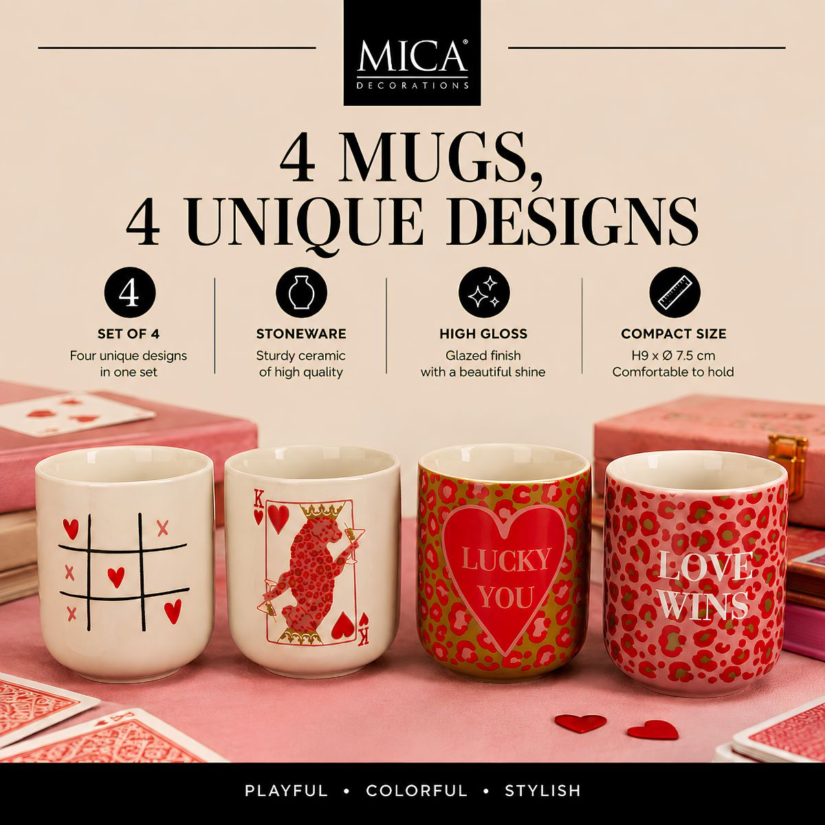 A set of four ceramic mugs with unique designs, featuring text, hearts, and animal prints against a pink backdrop.