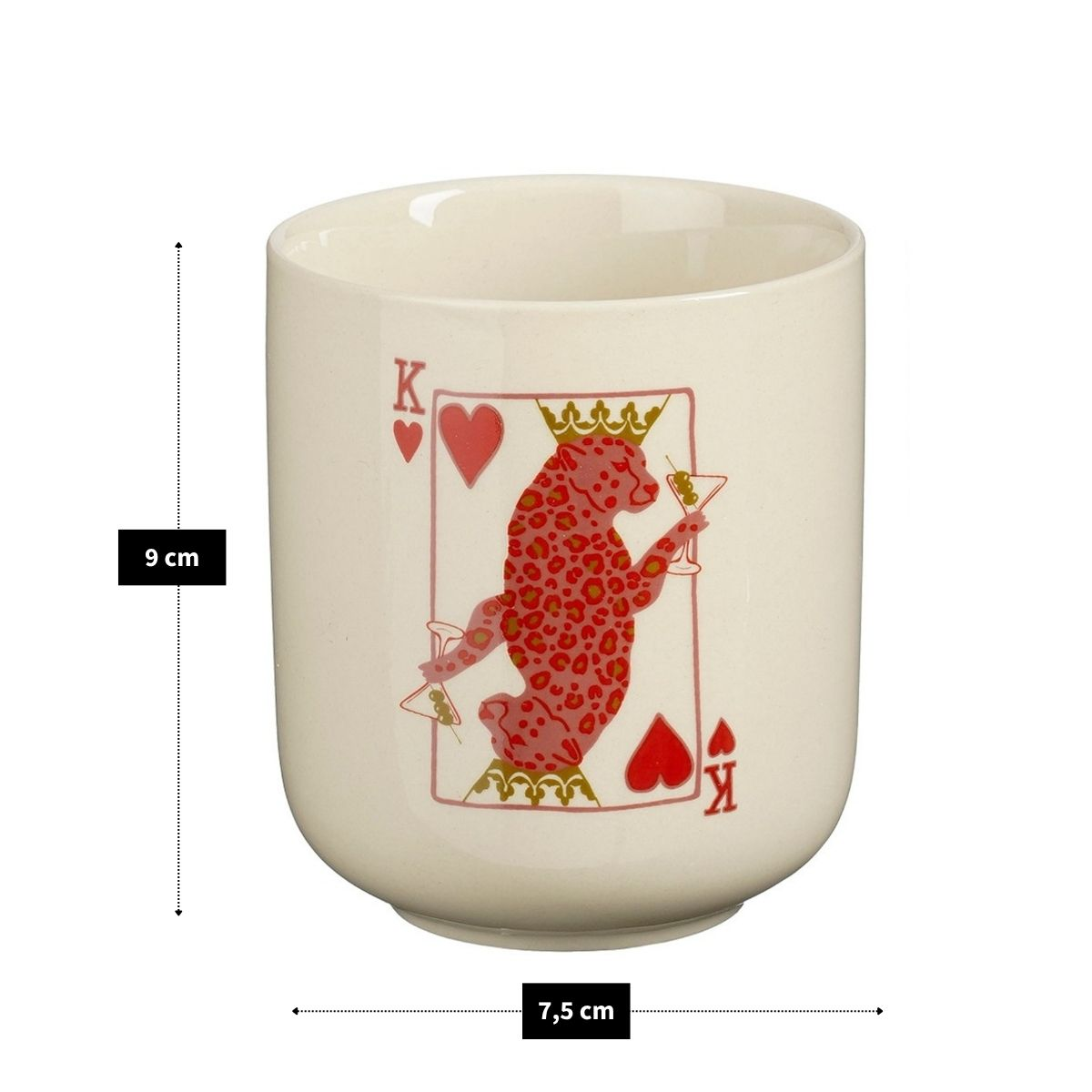 White ceramic cup with a playing card graphic showing a pink leopard king holding cocktails. Dimensions: 9x7.5 cm.