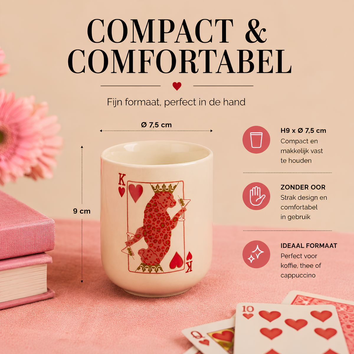 Beige ceramic mug with red leopard card design, 9x7.5 cm, surrounded by text and playing cards.