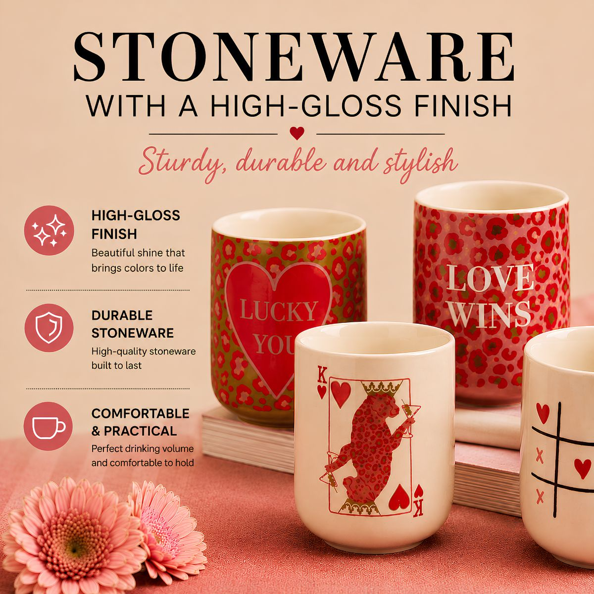 Glossy stoneware mugs featuring various patterns like hearts, playing cards, and text.