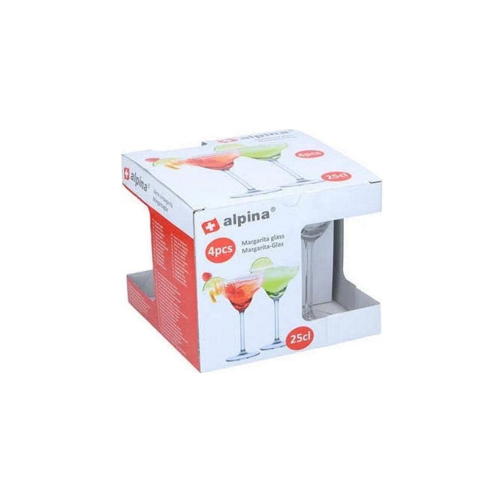 An alpina packaging box for four margarita glasses featuring cocktail images on a white and red background.