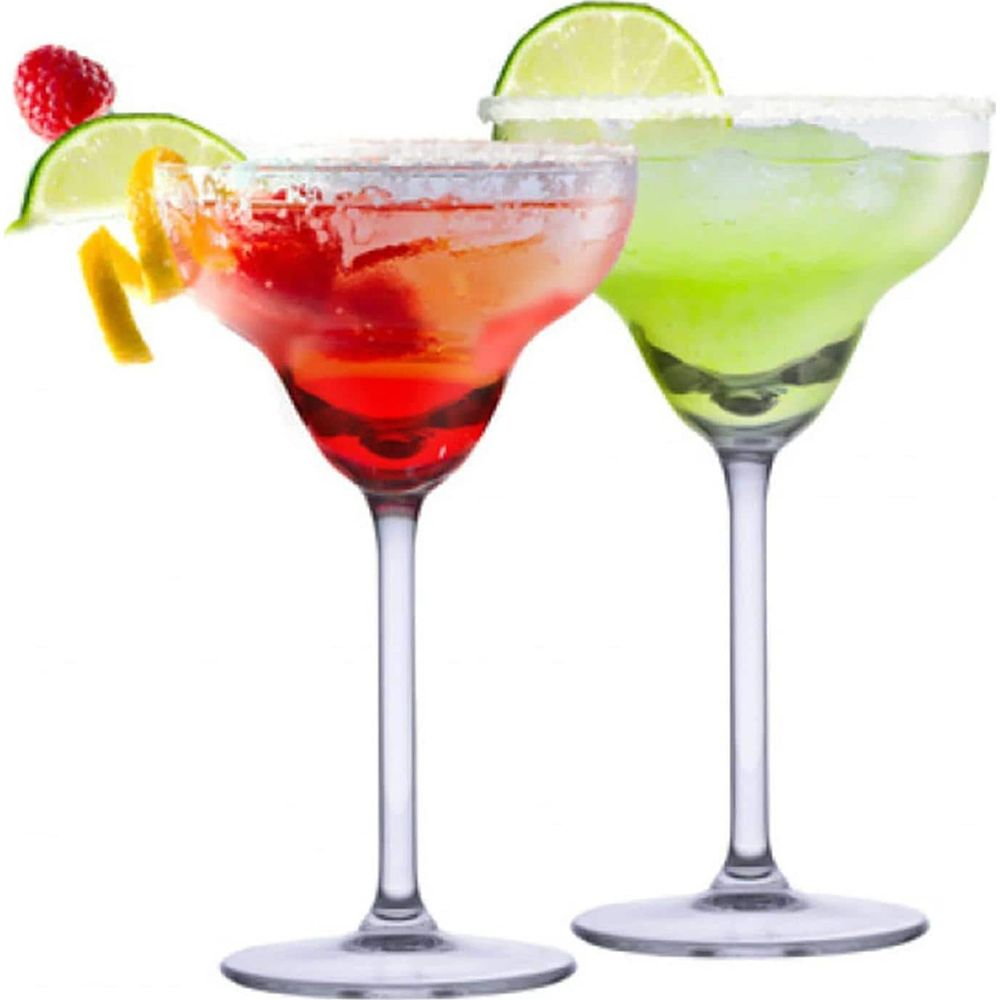 Two salt-rimmed cocktail glasses; the left is red with a lime and raspberry, the right is green with lime.