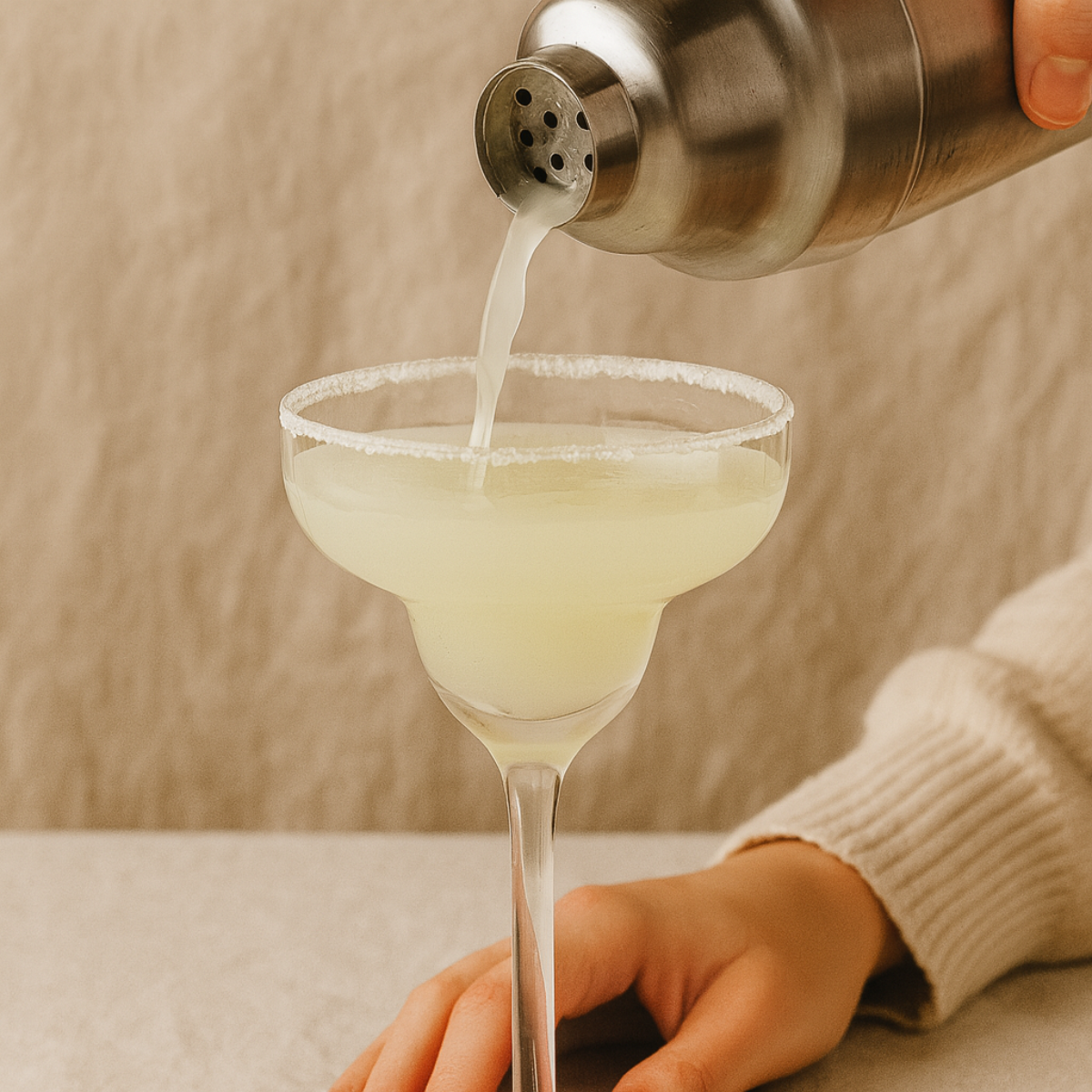 A cocktail is poured from a shaker into a glass with a salted rim.