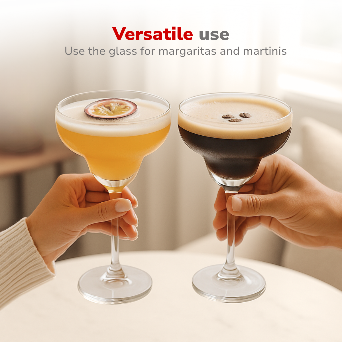 Two hands holding cocktail glasses, one with passion fruit and one with coffee beans, text reads versatile use.