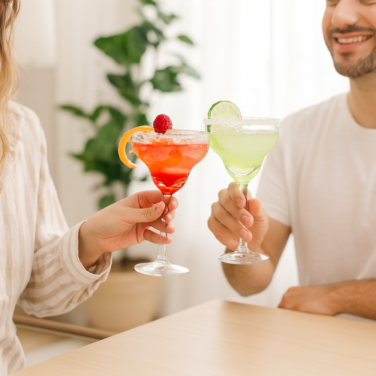 Couple toasting with a red and a green cocktail at a wooden table.