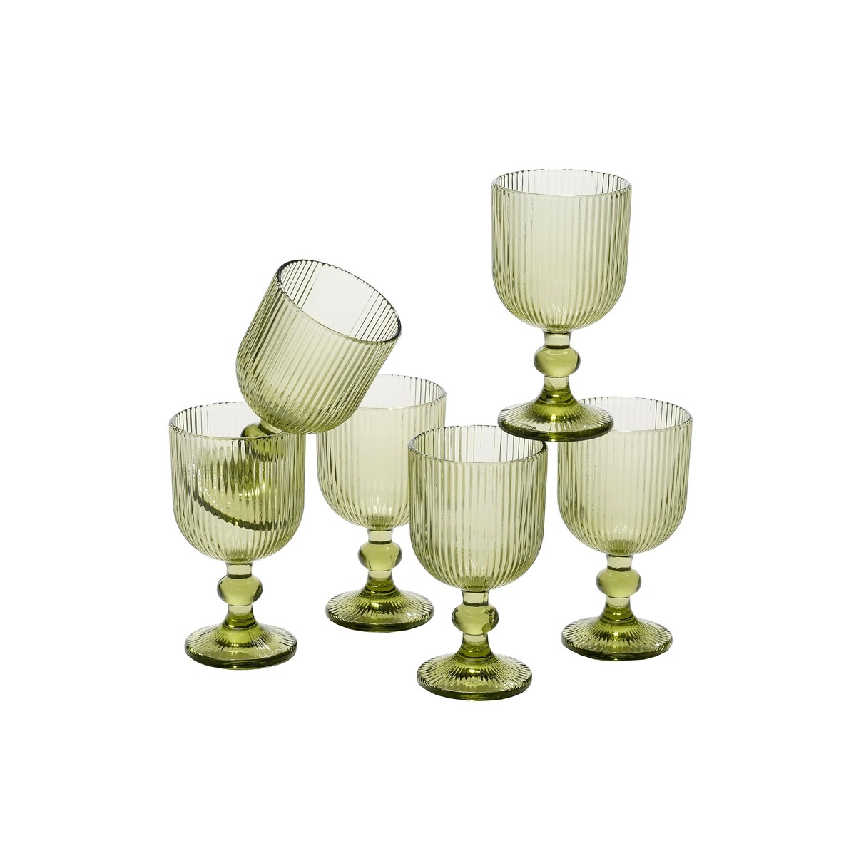 Six green, ribbed water goblets are arranged together against a white background.