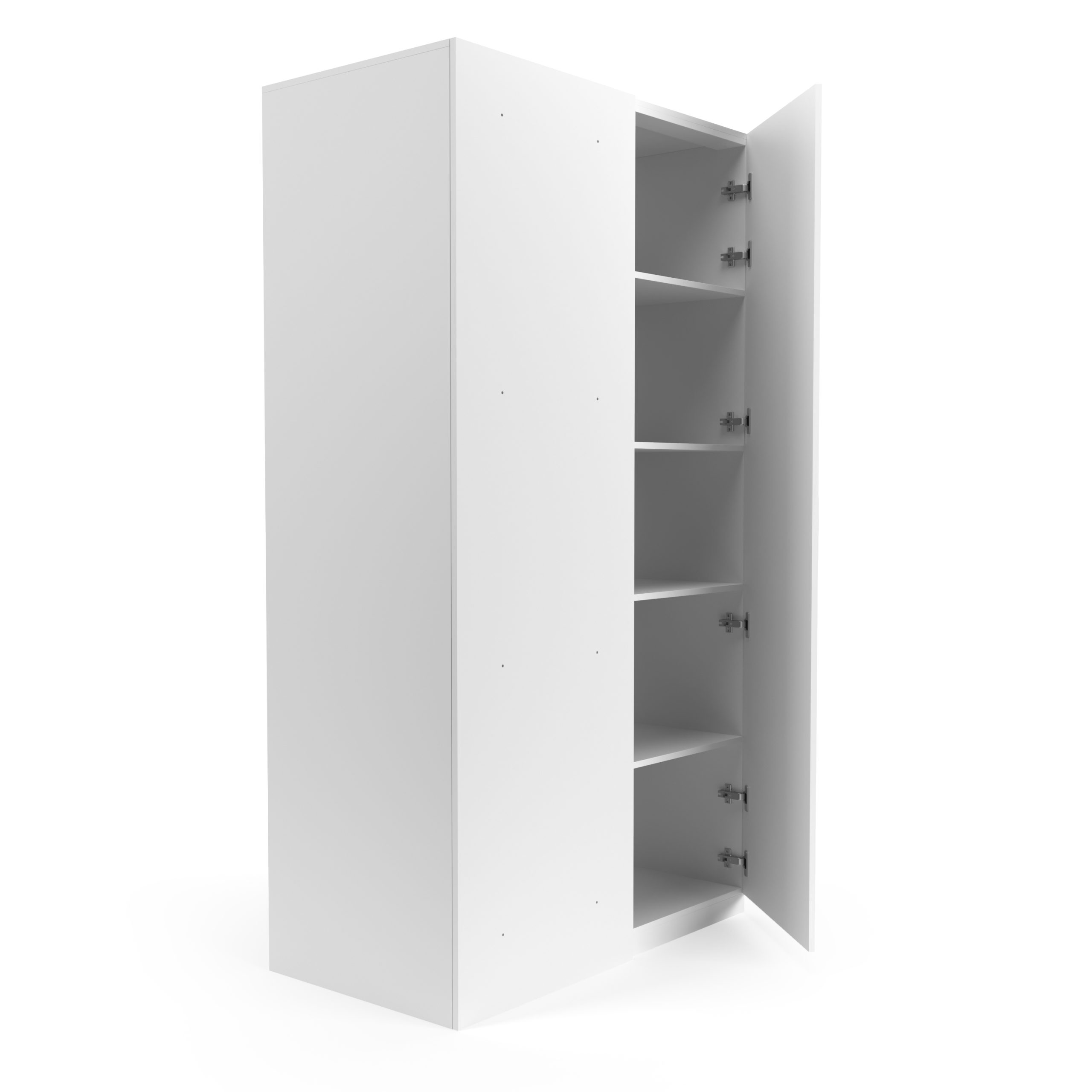 Ein weißer Kleiderschrank mit einer offenen Tür, die mehrere Fächer im Inneren zeigt.