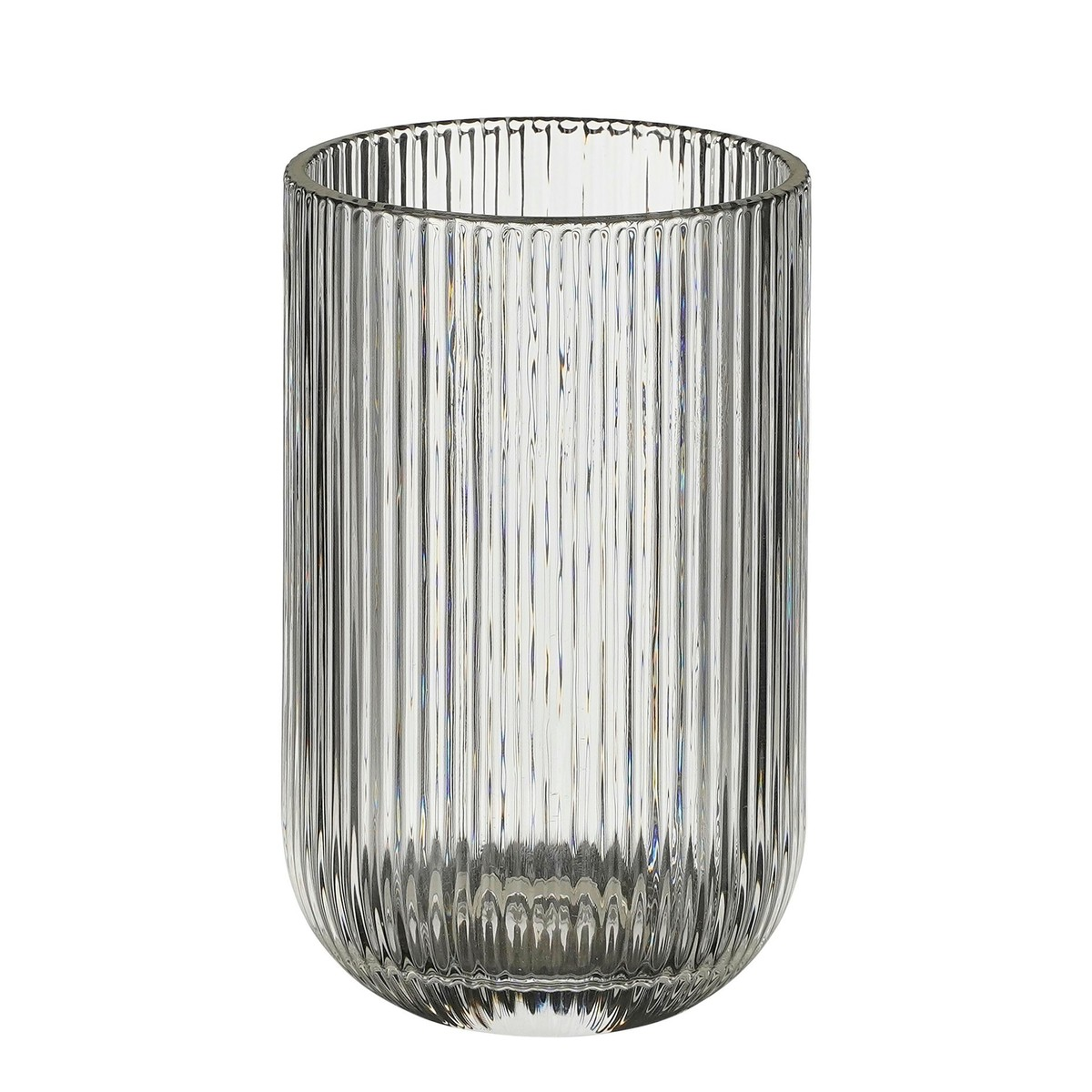 A cylindrical, ribbed glass vase with a rounded bottom against a white background.