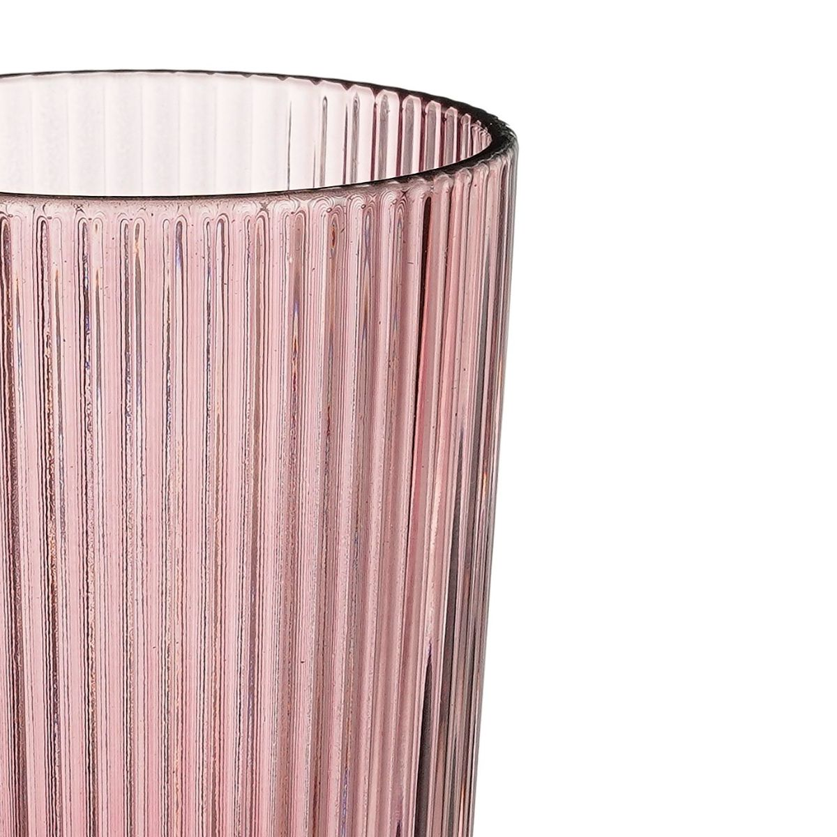A detailed close-up of a cylindrical pink glass with vertical grooves against a white background.