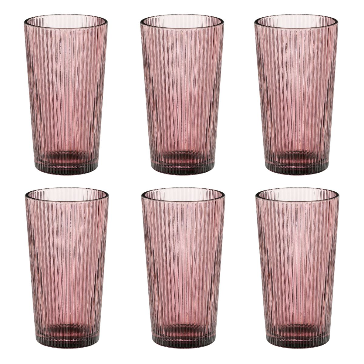 Six purple ribbed drinking glasses displayed against a white background.