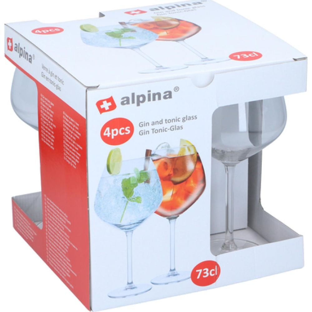 Packaging box for four Alpina gin and tonic glasses, 73cl, featuring product photos.